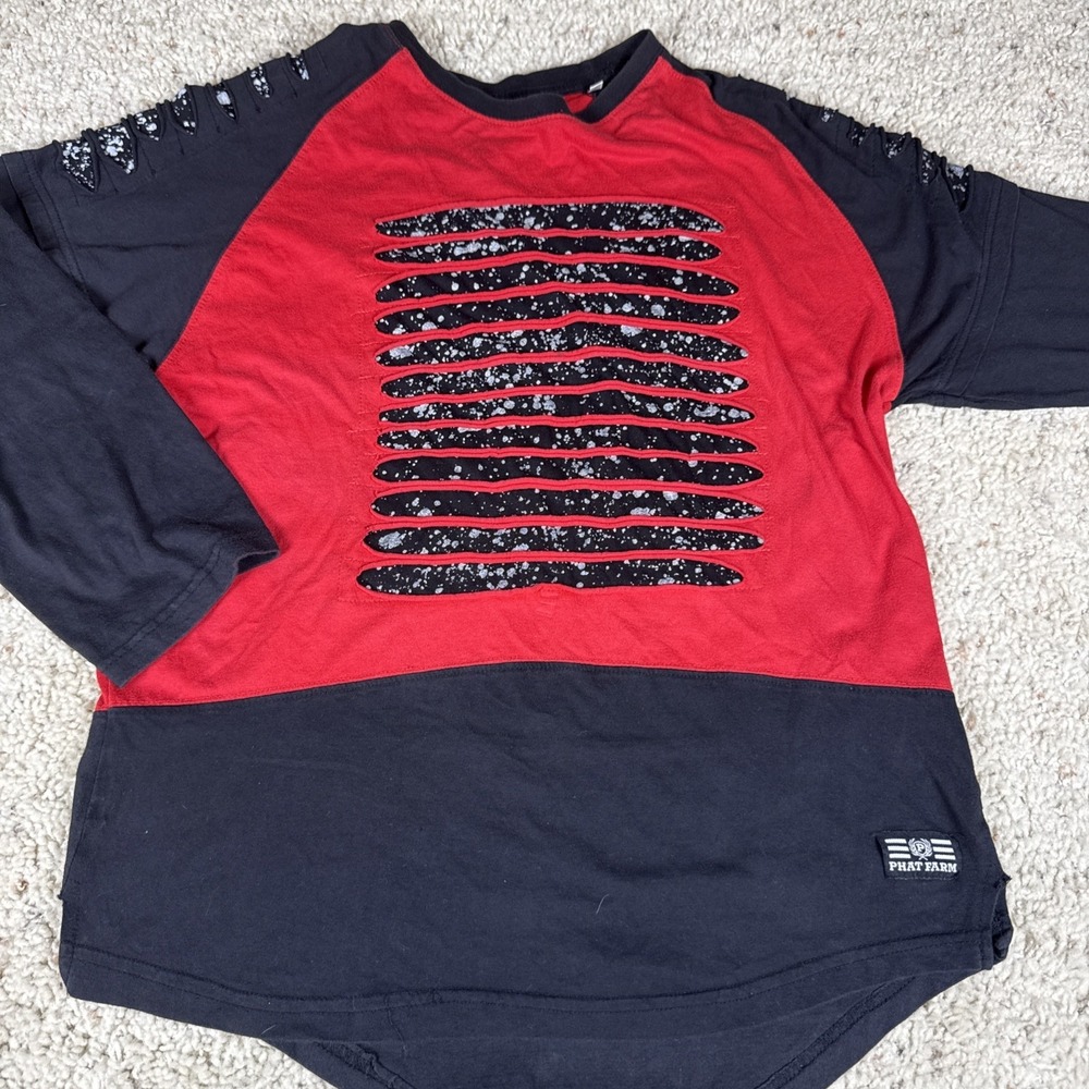 Phat Farm Graphic Tee Mens Small Red Black Long Sleeve Distressed Splatter Shirt